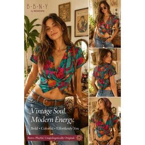 BBNY Renown Vintage abstract Crop Top Retro Colorful Boho Festival Blouse Large